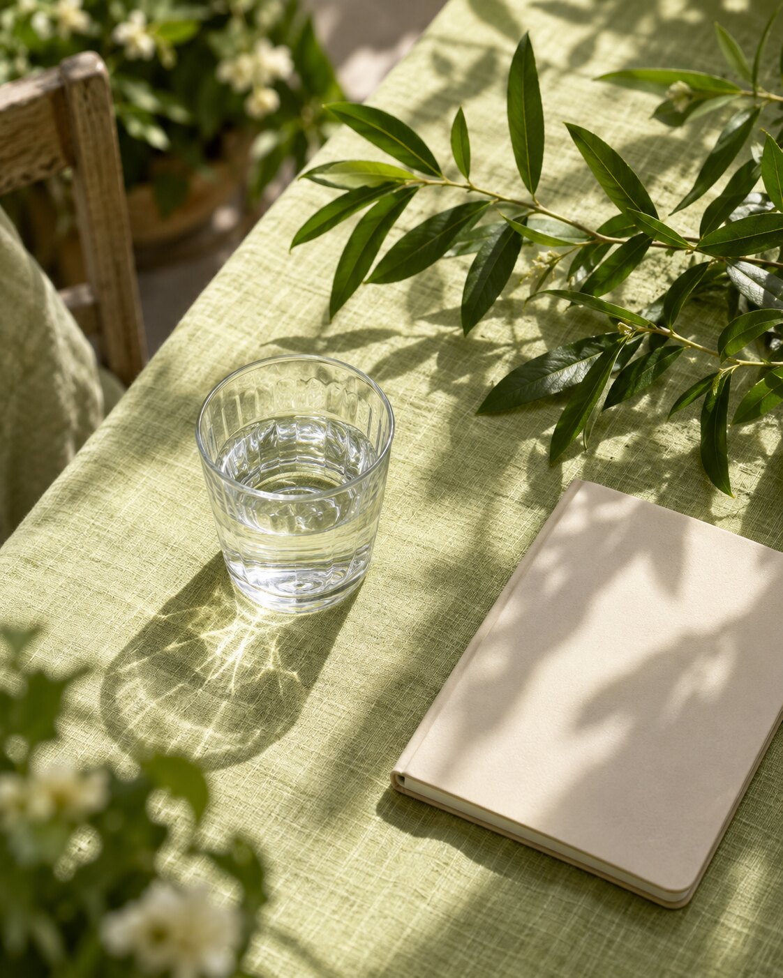 A glass of water with a leafy branch and a notebook on pale green linen